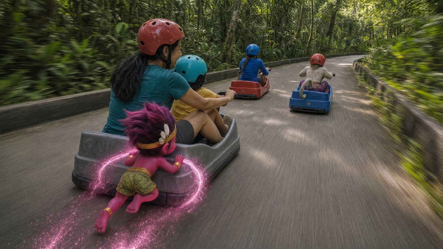 A family riding down the track with the pink mascot following behind
