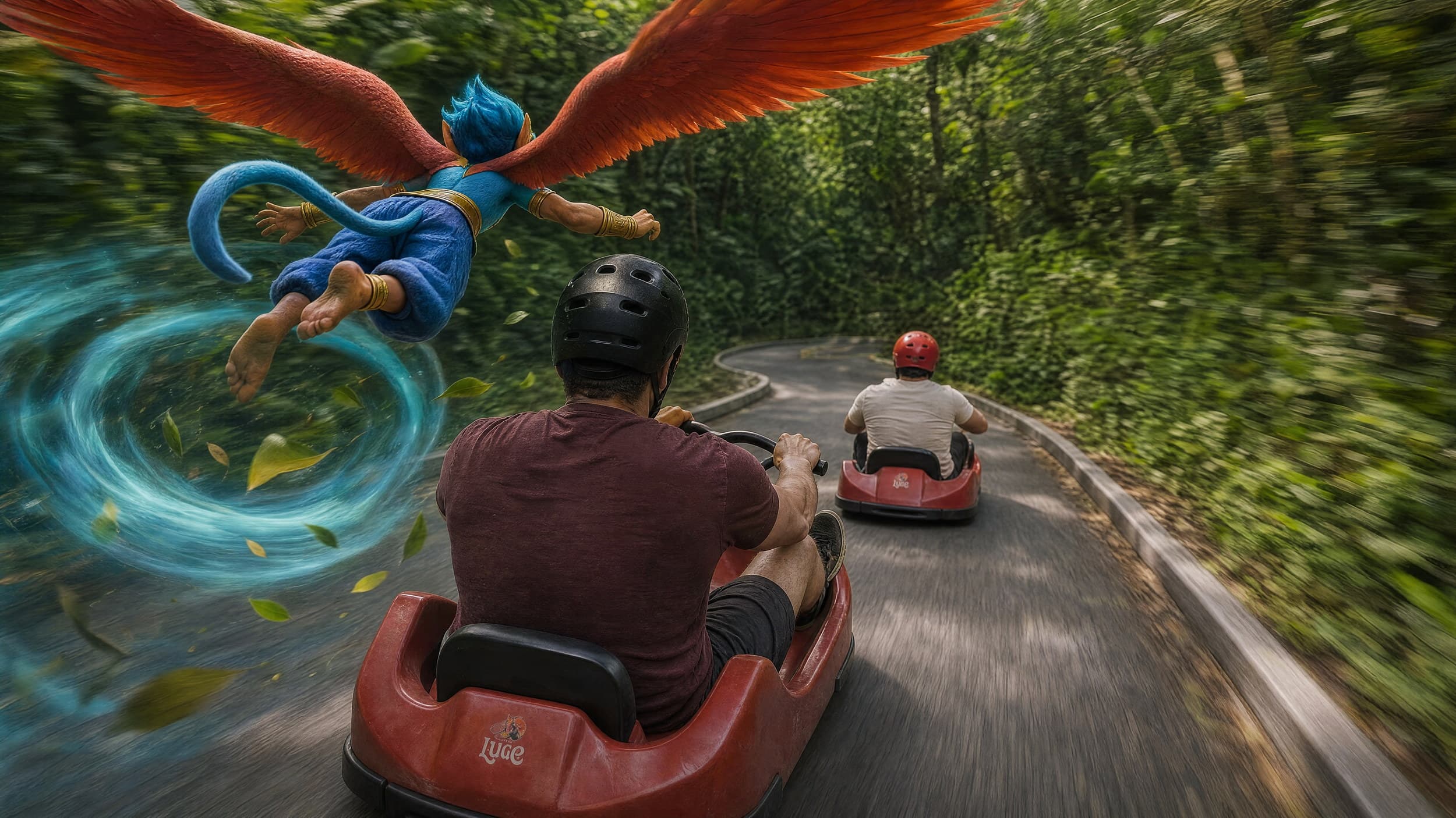 Luge riders following a winged mascot along a jungle track