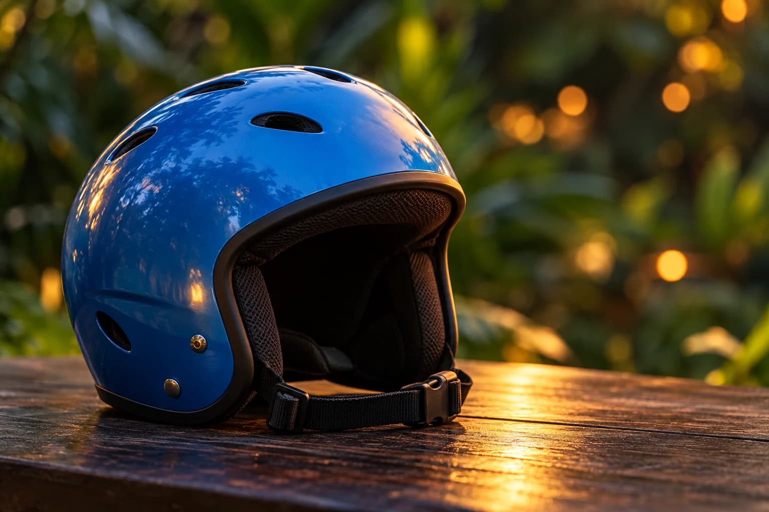 Generated editorial illustration of a blue helmet beside soft evening lights.