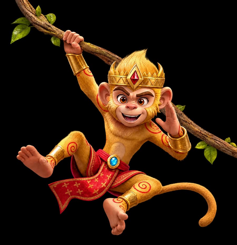 Golden monkey mascot hanging from a jungle branch