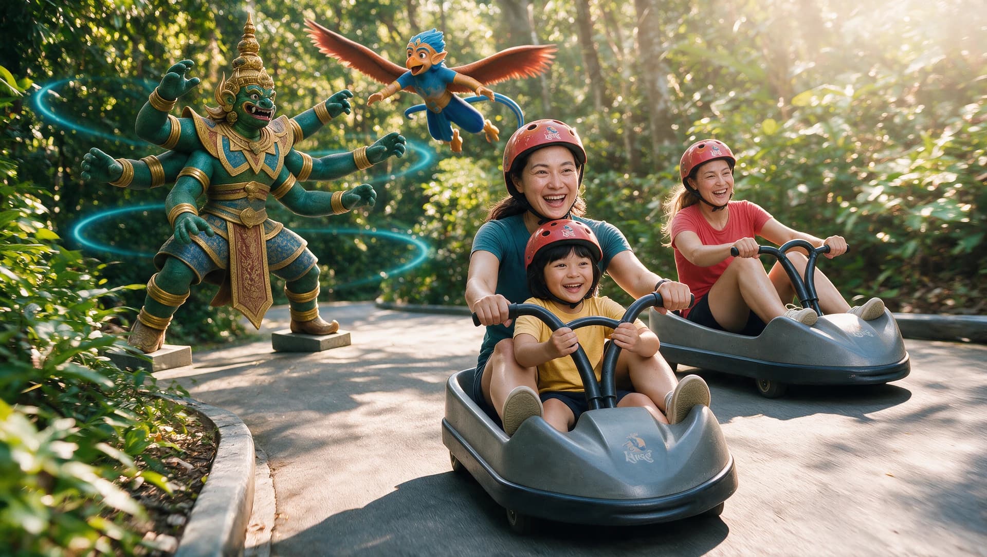 A parent and child enjoying a sunlit tandem luge ride with the original jungle mascots — Seedream campaign artwork
