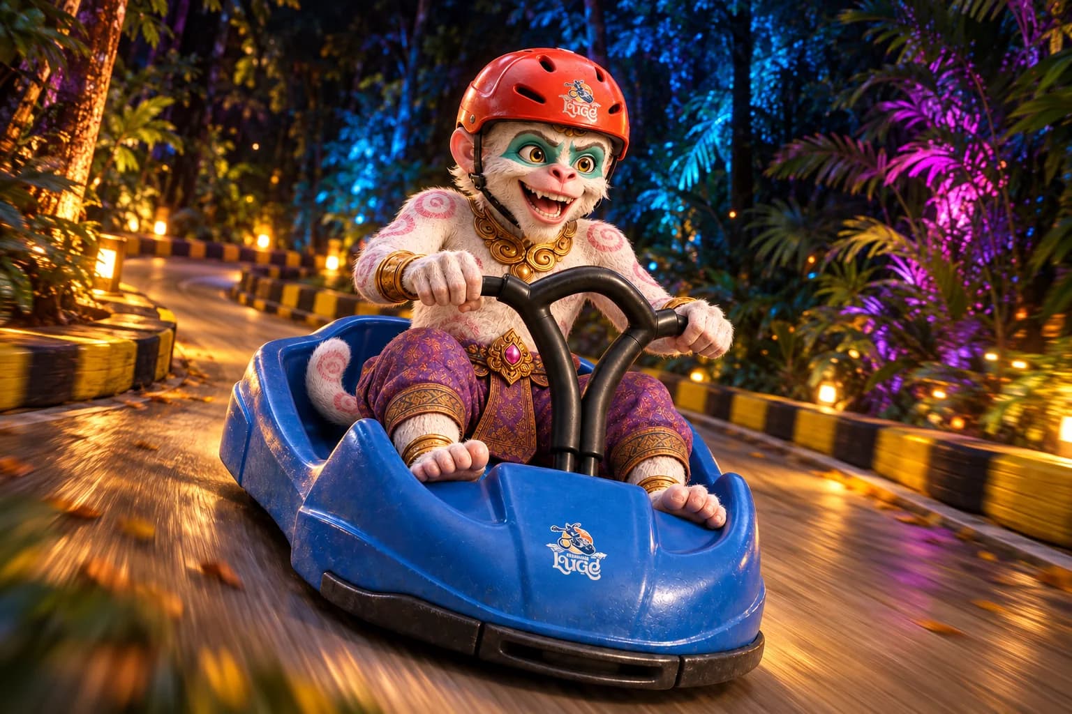Hanuman in a blue cart on a colourfully illuminated luge track