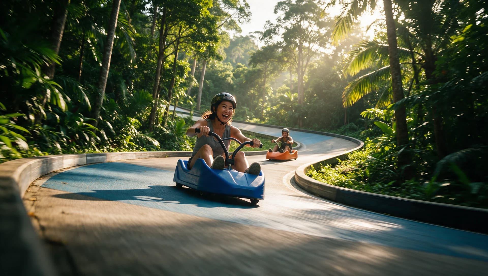 Helmeted riders rounding a sunlit jungle bend — Seedream campaign artwork