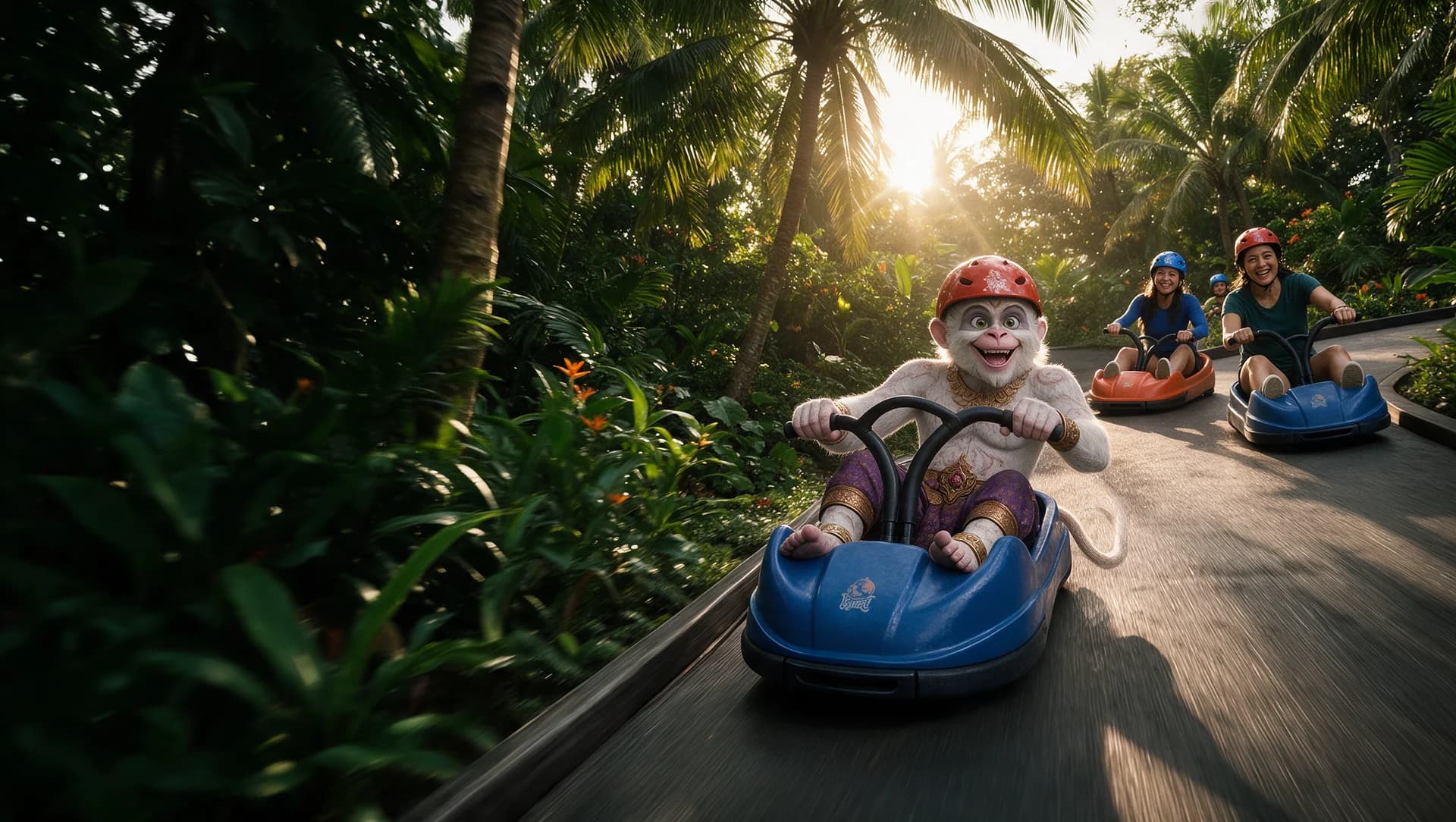 Hanuman and friends riding together — Seedream campaign artwork