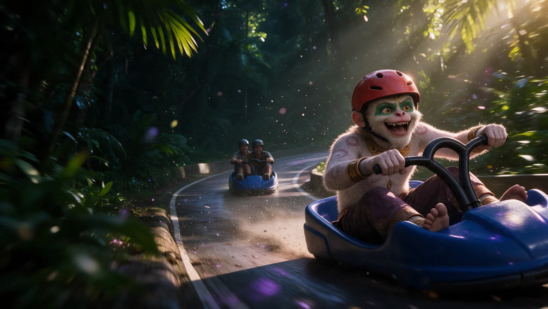 Hanuman and a rider racing through the jungle — character artwork