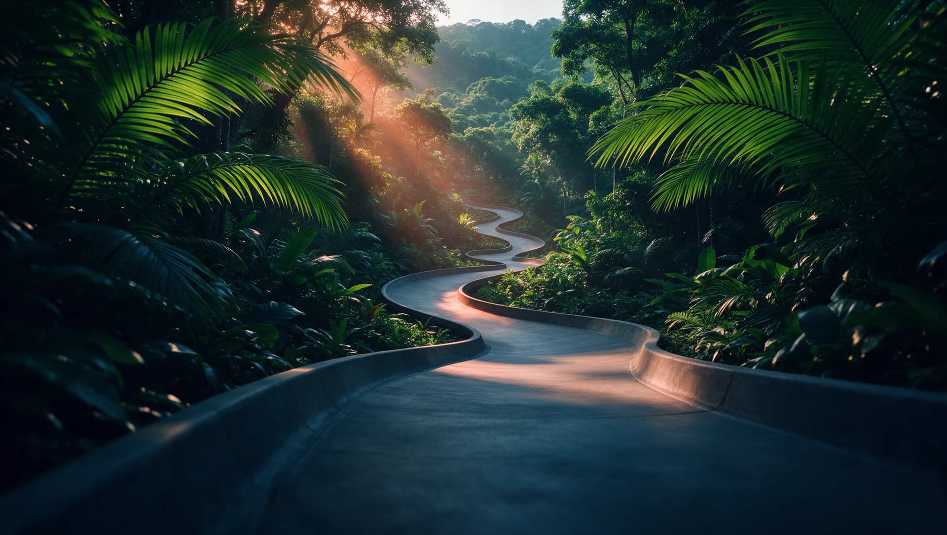 Sunbeams over a jungle luge course — Seedream campaign landscape