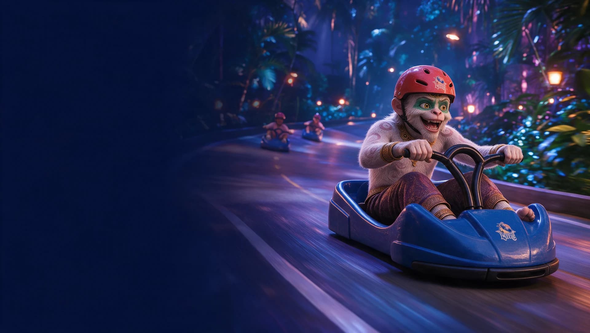 Hanuman racing through violet and orange jungle lights — Seedream night campaign artwork