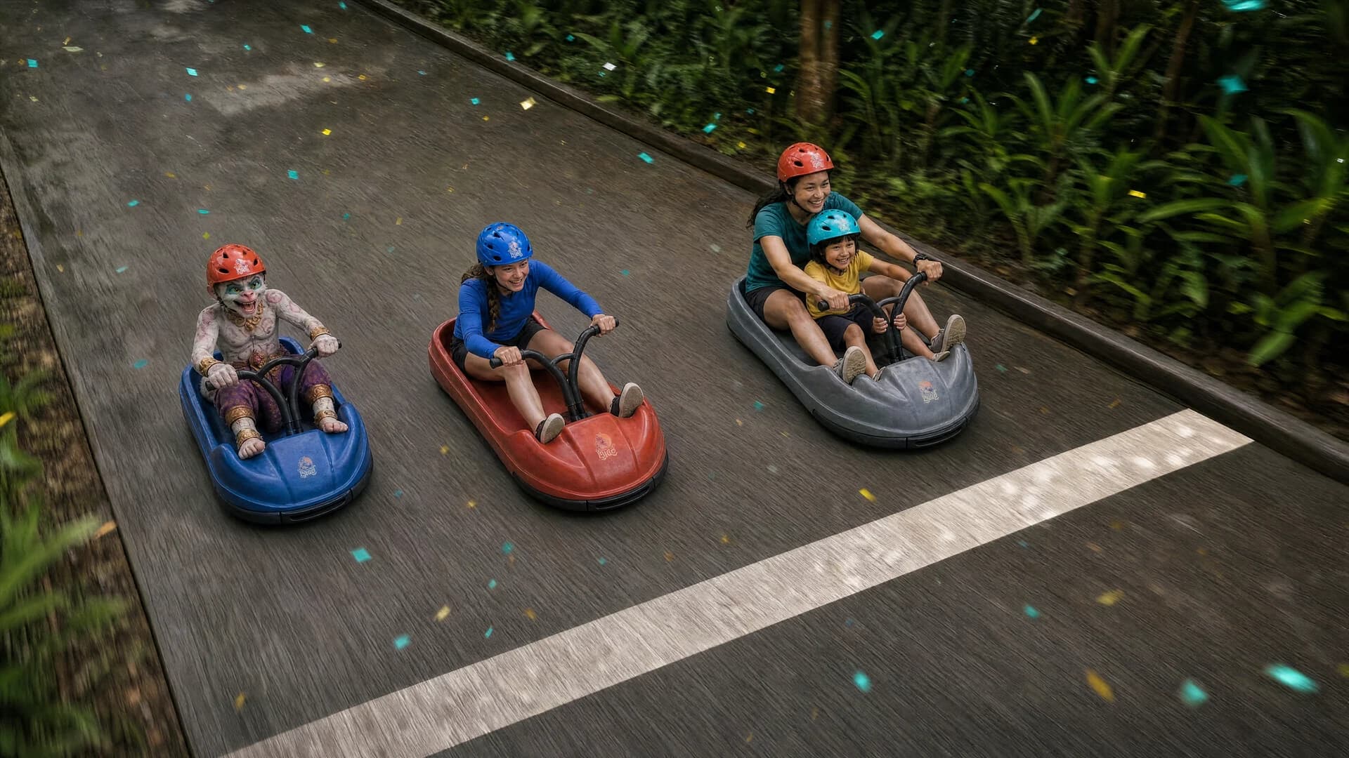 Hanuman and the Luge Video cast crossing the finish together