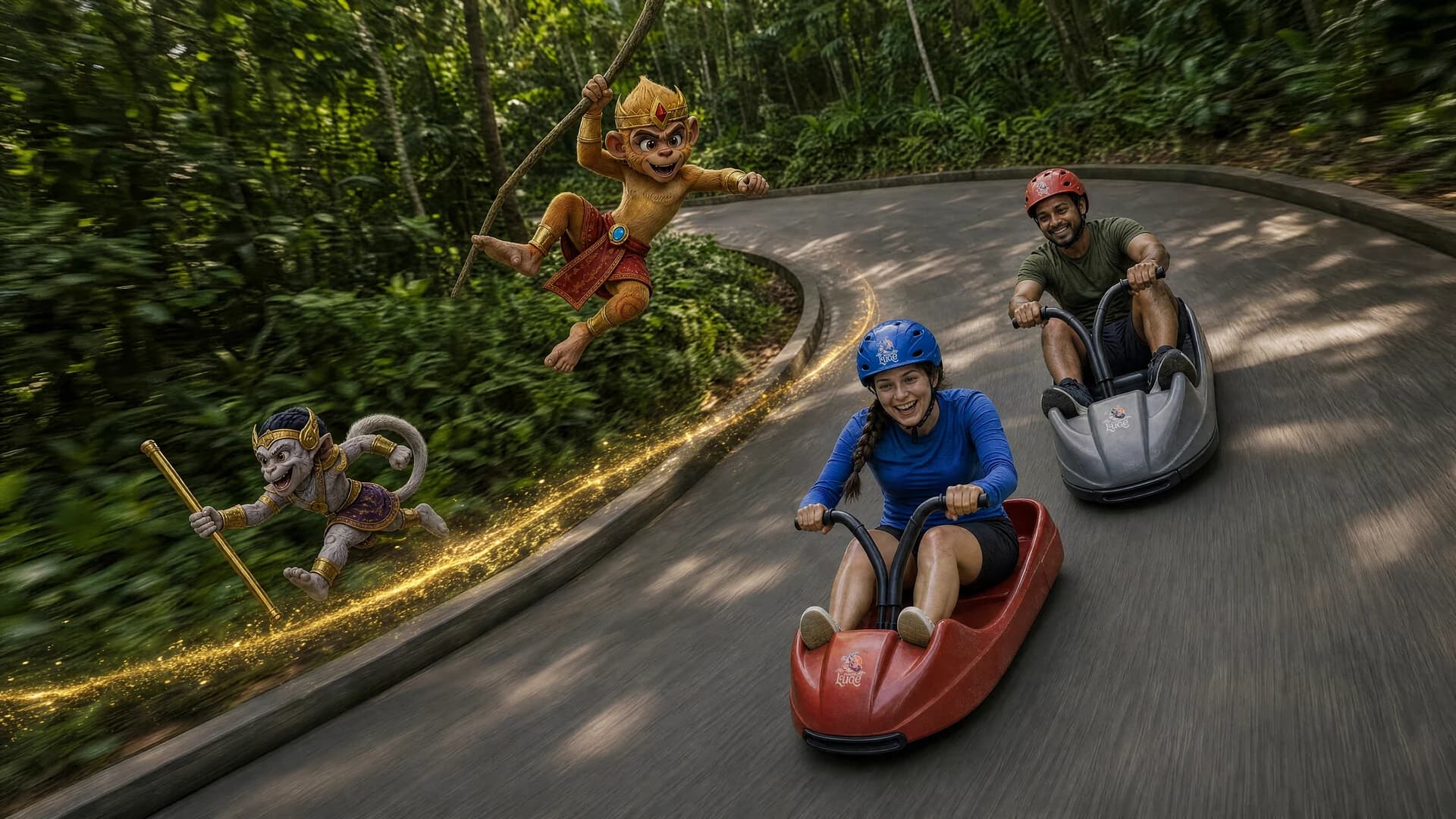 Golden monkey warriors leaping alongside the Luge Video riders