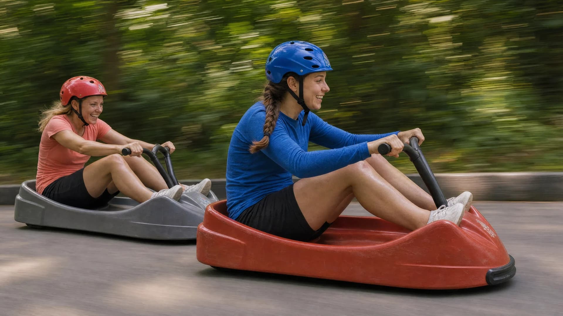 Helmeted model riders from the Luge Video film on the jungle track