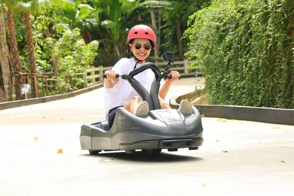 A helmeted rider holding the handlebars of a grey luge cart on a tree-lined track.